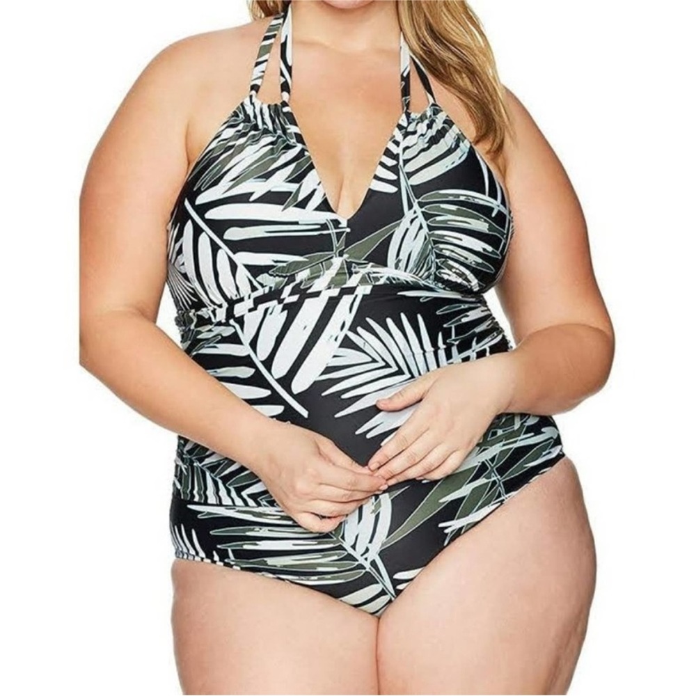 NWT‎ Coastal Blue Botanical Swim One Piece Halter Style Swimsuit Tropical Print